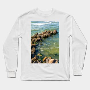 Sea water breaking on the stone groyne Long Sleeve T-Shirt